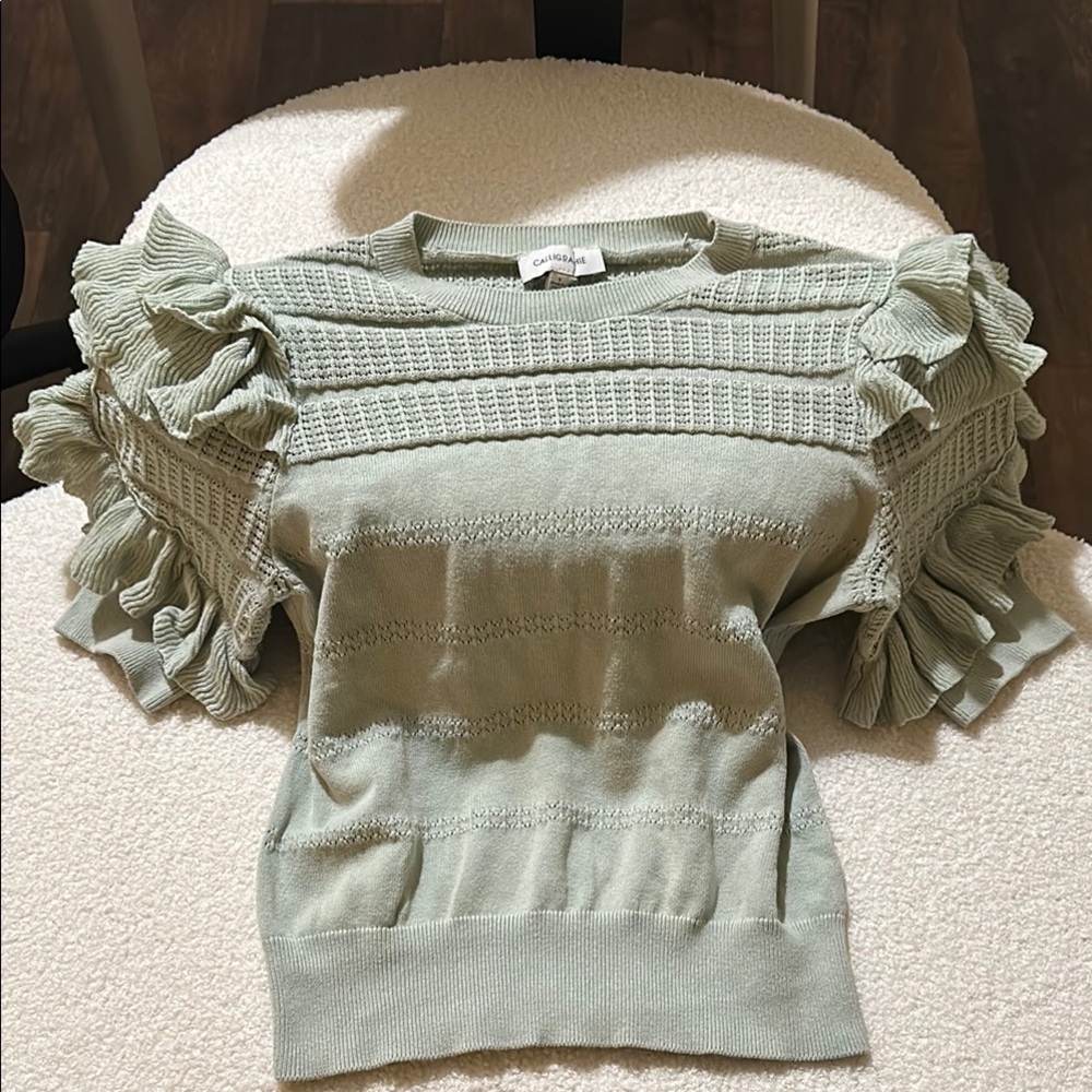 Ruffled Sage Green Sweater - Crew Neck
